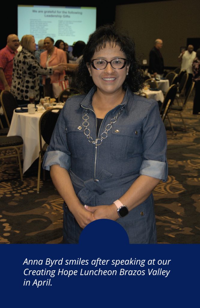 Anna Byrd smiles after speaking at our Creating Hope Luncheon in Brazos Valley in April