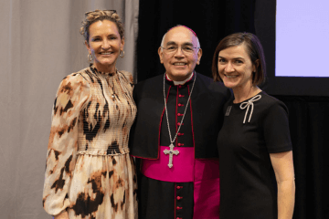 Allison (right) alongside Bishop Joe Vásquez and former CCCTX Executive Director, Sara Ramirez, at a fundraising event.