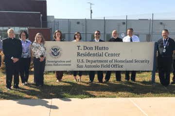 Allison (third from left) joined Bishop Joe Vásquez and other Diocesan staff for a Mass and tour of the T. Don Hutto Residential Center in Taylor, a residential facility for non-US citizens awaiting the outcome of their immigration status.